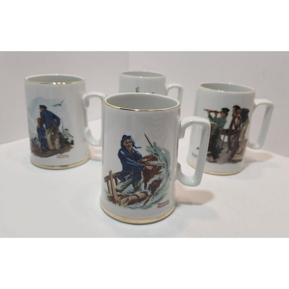 Vintage Norman Rockwell Set of 4 1985 Nautical Tankard Mugs/Cups Gold Trim - Picture 1 of 16